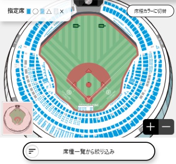 会場全体図から席種選択。「席種一覧から絞り込み」ボタンが設置されている